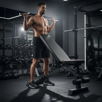 An adjustable Olympic weight bench showcasing its various incline and decline positions and a leg developer attachment