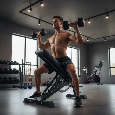 An adjustable weight bench set to an incline position, with a person performing dumbbell presses in a modern home gym setting, illustrating versatility and muscle targeting.