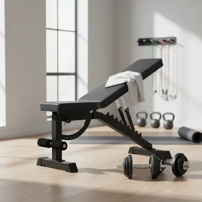An adjustable weight bench in a home gym, ready for a workout with dumbbells.
