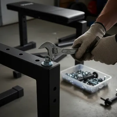 Close-up of hands tightening bolts on a weight bench frame during assembly, ensuring secure connections
