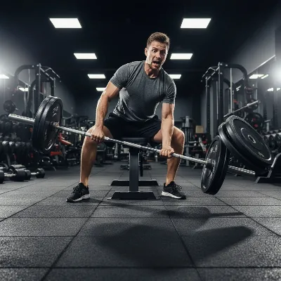 A person demonstrating an emergency barbell bailout during a failed bench press without clips, tilting the bar to dump plates.