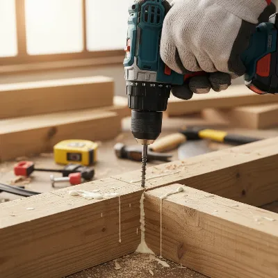 A person securely assembling the wooden frame of a DIY weight bench in a home workshop