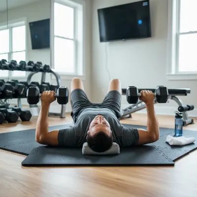 A person performing a dumbbell floor press, demonstrating a safe and effective chest exercise for solo home workouts.