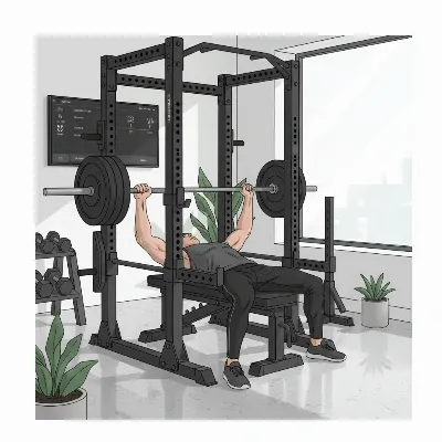 ETHOS Apex Combo Rack in a clean home gym, highlighting its sturdy adjustable squat rack and versatile, removable bench for comprehensive workouts.