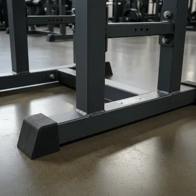 A detailed view of an FID weight bench's sturdy 11-gauge steel frame and wide base for stability.