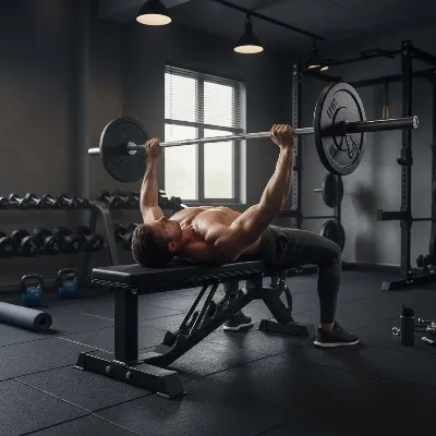 A flat weight bench with a barbell and heavy weights, set up for a bench press in a home gym, emphasizing stability and strength training.