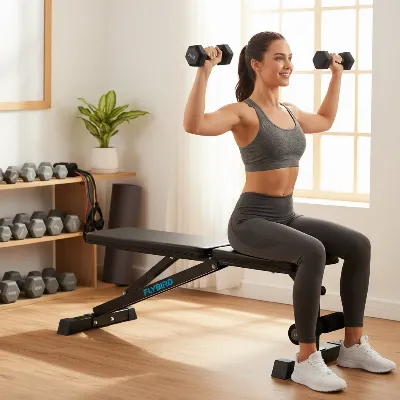 Beginner using a FLYBIRD adjustable workout bench for dumbbell chest presses in a small home gym.