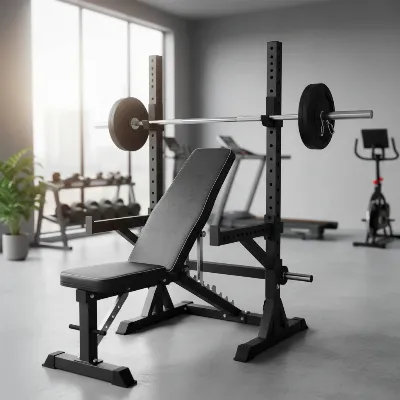 Gorilla Sports Weight Bench with Rack integrated into a home gym setup, showcasing its adjustable rack and comfortable bench padding, perfect for diverse strength training.