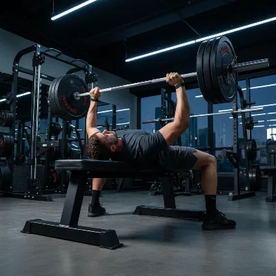 Athlete performing heavy bench press on Titan Fitness flat bench, showcasing stability