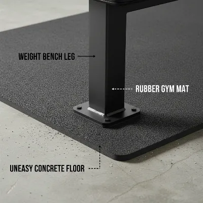 Weight bench leg resting on a gym mat to correct unevenness