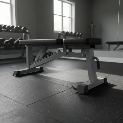 Adjustable weight bench on an uneven floor being leveled with rubber pads