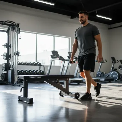 Person easily moving Titan Fitness flat weight bench using wheels and handle