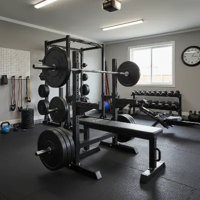 A well-organized garage gym featuring a heavy-duty Olympic weight bench with a barbell racked and weight plates stored