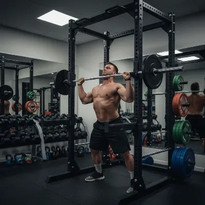 A person bench pressing inside a robust power rack with safety pins set at the correct height, demonstrating a secure home gym setup.
