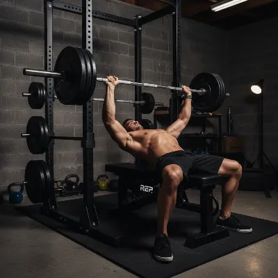 Athlete performing a heavy bench press on the REP FB-5000 competition flat bench.