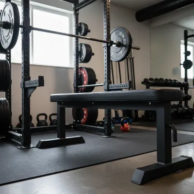 REP FB-5000 Competition Flat Bench with barbell and weights in a home gym setting, designed for heavy powerlifting