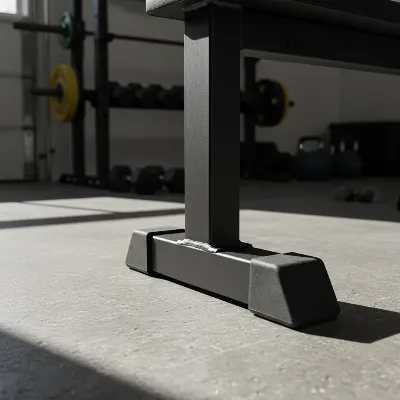 A detailed shot of the Rogue Adjustable Bench's heavy-gauge steel frame and stable base in a home gym.