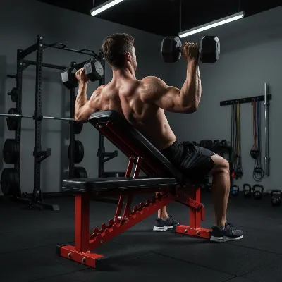 A lifter demonstrating the comfortable, firm padding and easy adjustments of the Rogue Adjustable Bench during a workout.