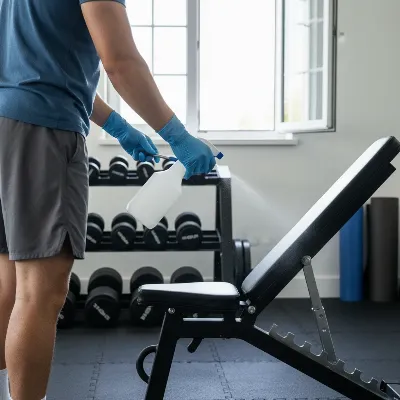 A person wearing gloves and safely cleaning a weight bench with a cleaning spray in a well-ventilated home gym.