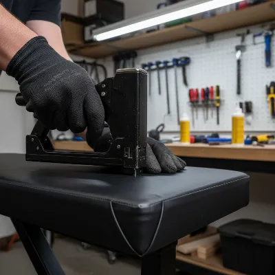 Hands expertly stapling new, black vinyl upholstery onto a foam-covered weight bench pad, ensuring tautness and smooth corners for a DIY project. 