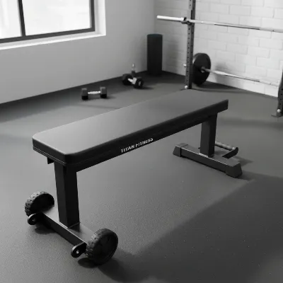 Titan Fitness Flat Weight Bench with key features highlighted