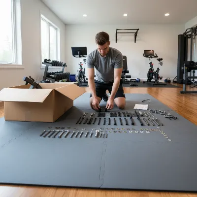 Man preparing parts and tools on a mat before assembling a weight bench for home gym safety