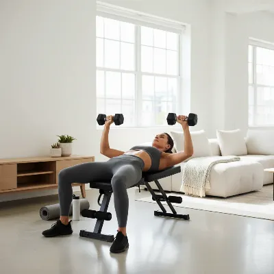 A woman performing dumbbell chest presses on a black folding weight bench in a minimalist apartment living room, showcasing effective home workout in a small space.